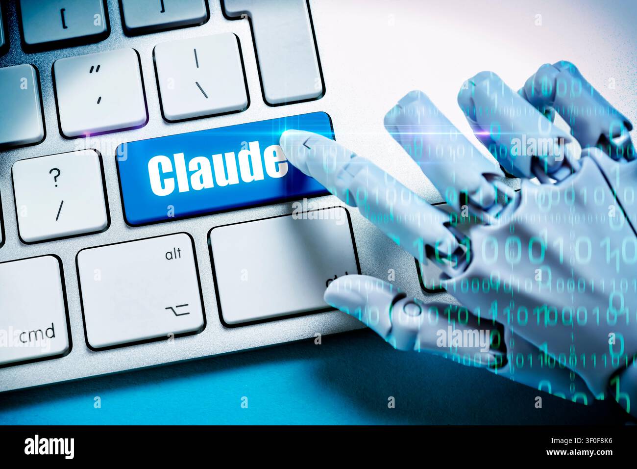 Robot hand with binary code presses key labeled Claude on a computer keyboard, photomontage Stock Photo