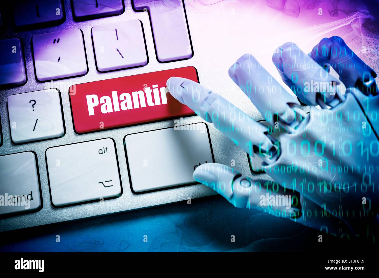 Robot hand with binary code presses key labeled Palantir on a computer keyboard, photomontage Stock Photo