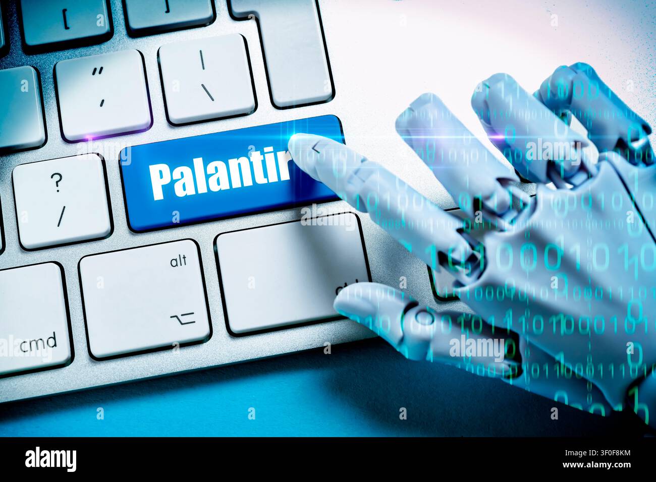 Robot hand with binary code presses key labeled Palantir on a computer keyboard, photomontage Stock Photo