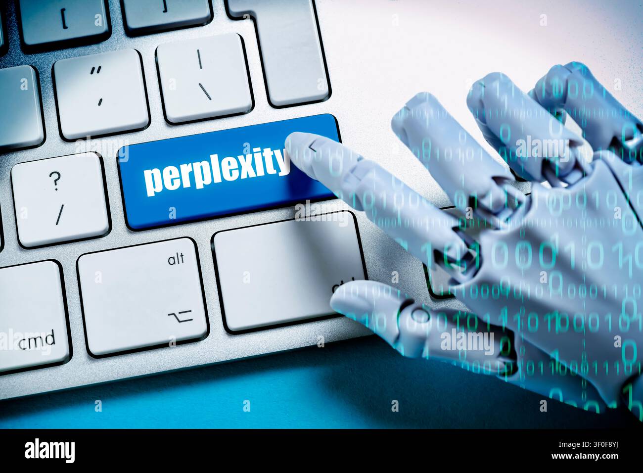 Robot hand with binary code presses key labeled perplexity on a computer keyboard, photomontage Stock Photo
