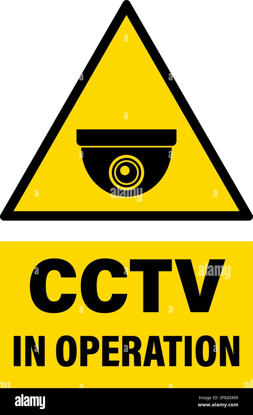 CCTV in operation, warning triangle sign with dome style security camera and text below. Stock Vector