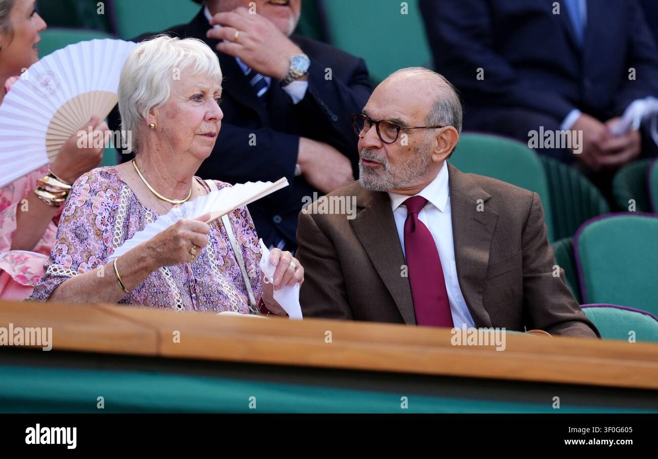 Sir David Suchet and Lady Suchet in the royal box on day ten of the 2026 Wimbledon Championships at the All England Lawn Tennis and Croquet Club, London. Picture date: Wednesday July 8, 2026. Stock Photo