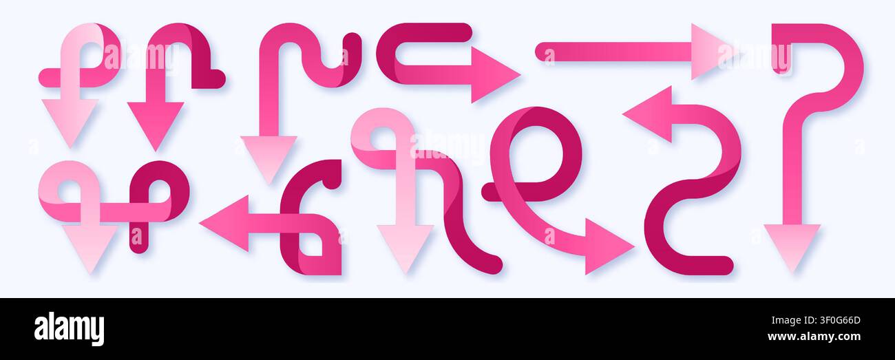 Curved pink retro direction arrow set isolated on white background. Vector realistic illustration of playful vintage icons with quirky bends and twists, creative infographic poster design elements Stock Vector