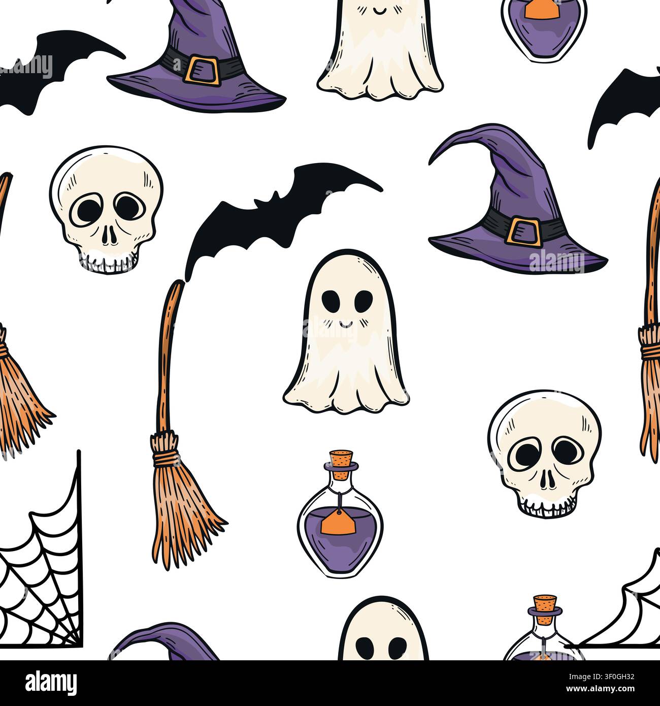 Halloween doodle pattern with ghosts skulls bats and witch hats Stock Vector