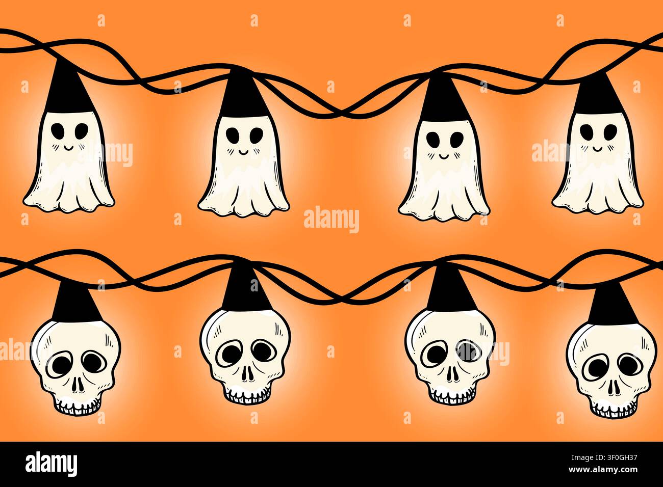 Halloween pattern with cute ghosts and skull garland on orange background Stock Vector
