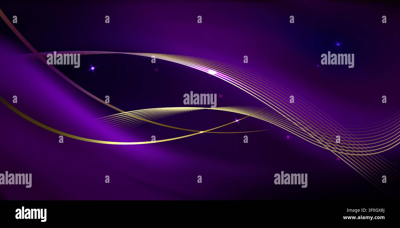 Abstract gold waves and sparks on dark purple background. Vector realistic illustration of elegant luxury backdrop with flowing golden lines, smooth wavy pattern for invitation template design Stock Vector