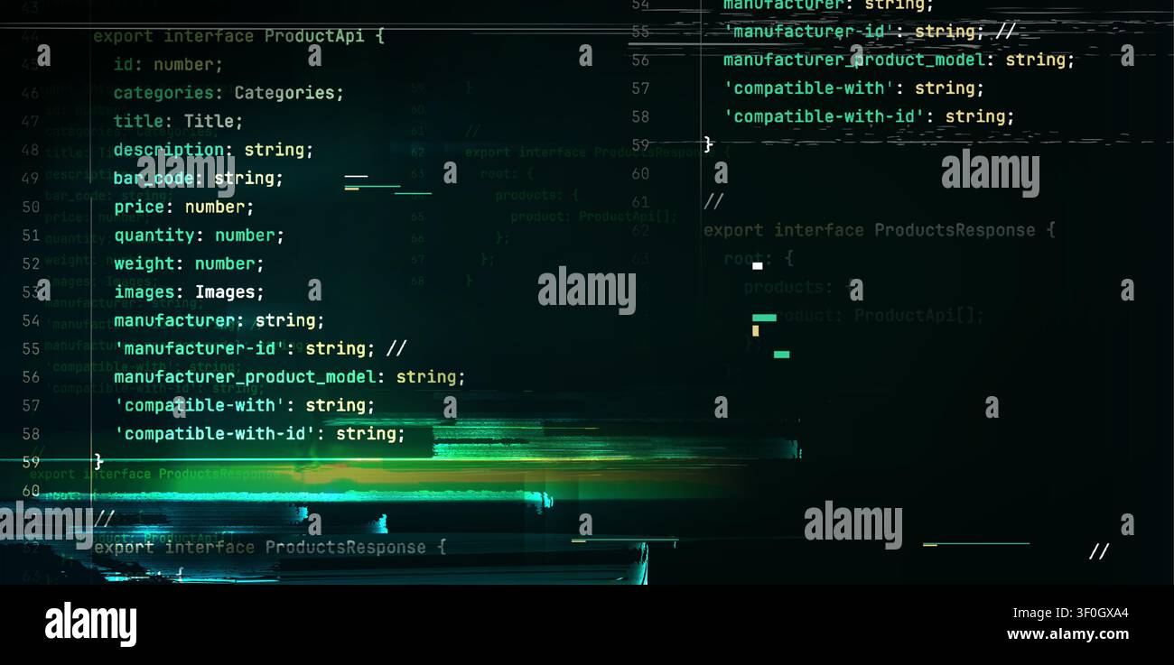 Programming code display with script elements and glitch effects on black background. Vector realistic illustration of green digital screen backdrop, software development, data structure lines Stock Vector