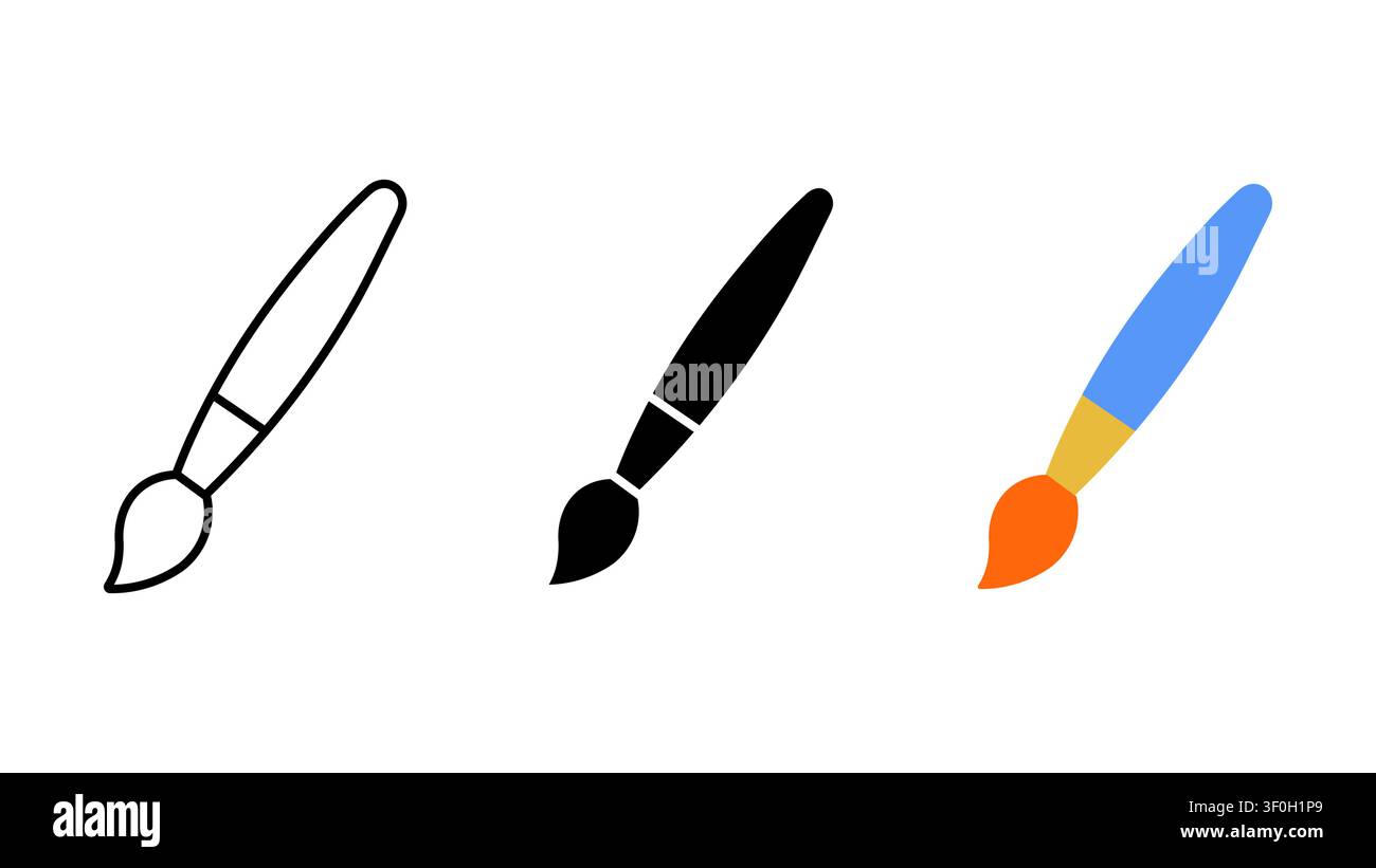 Paint brush art tool icon set outline silhouette and color vector isolated on white background Stock Vector