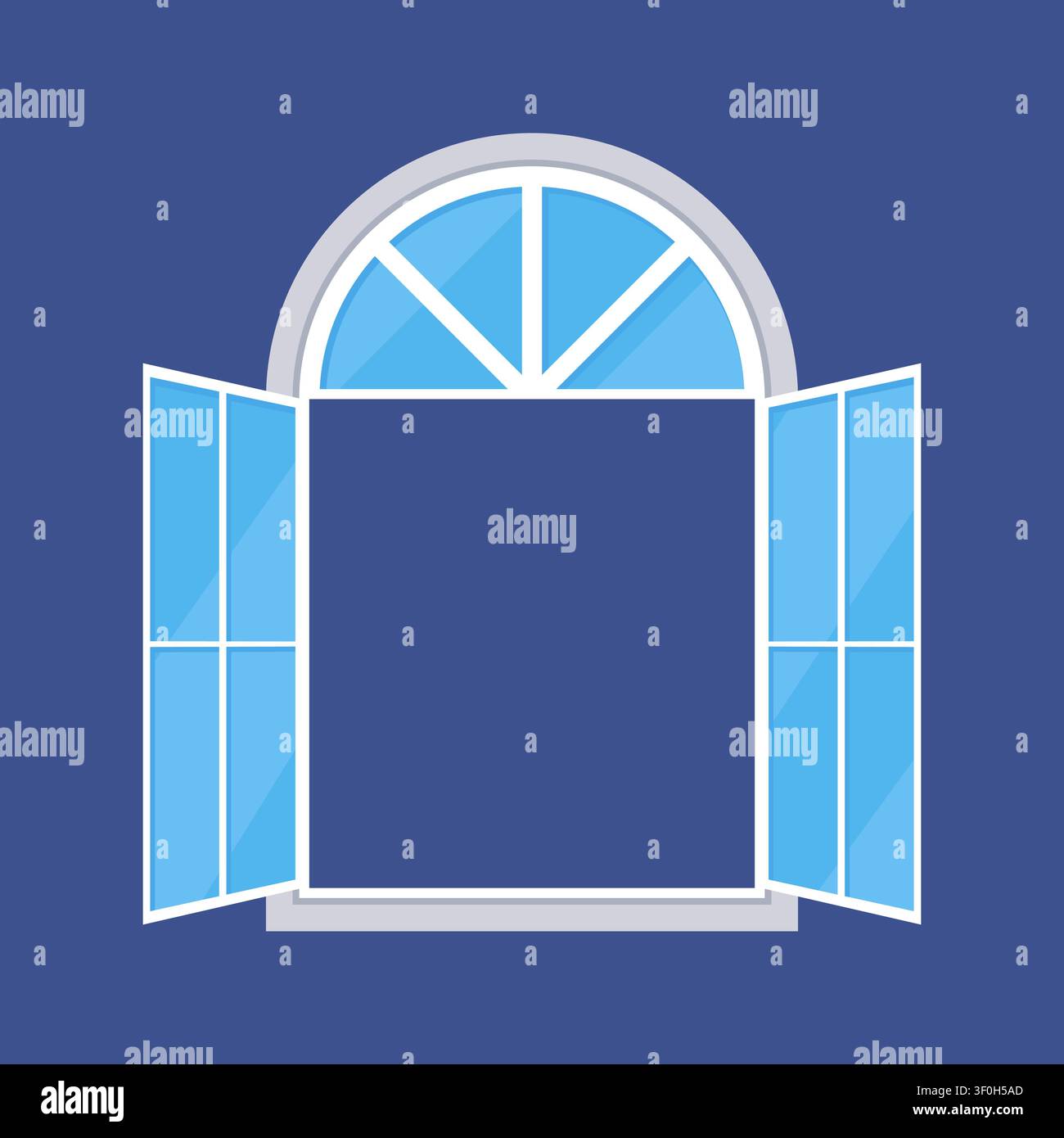Wide Open Arched Window Flat Icon on Blue Background Vector Illustration Stock Vector