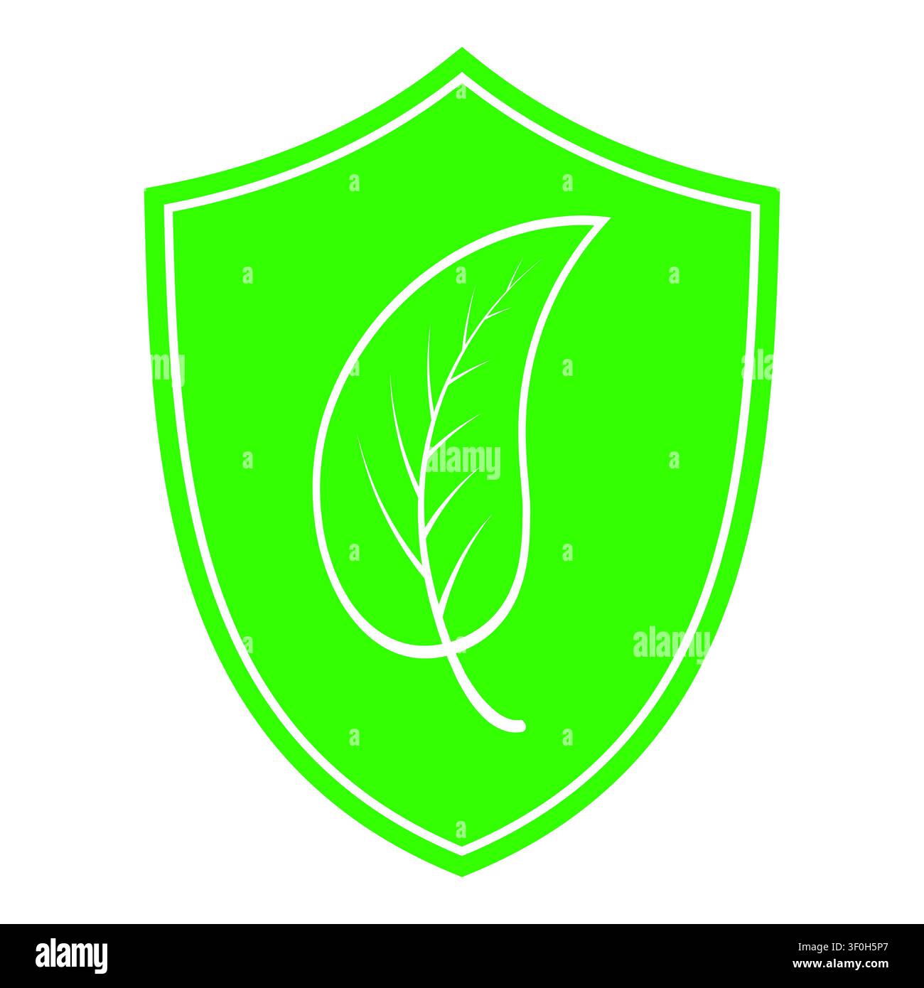 Green shield icon featuring stylized leaf symbolizing environmental protection Stock Vector