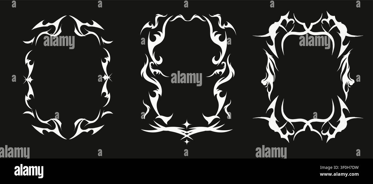 Tribal Y2K tattoo, gothic frames with abstract flame ornaments, sharp pattern, white vector set isolated on black background. Neo tribal rectangular, oval border designs with spiky, horn elements Stock Vector