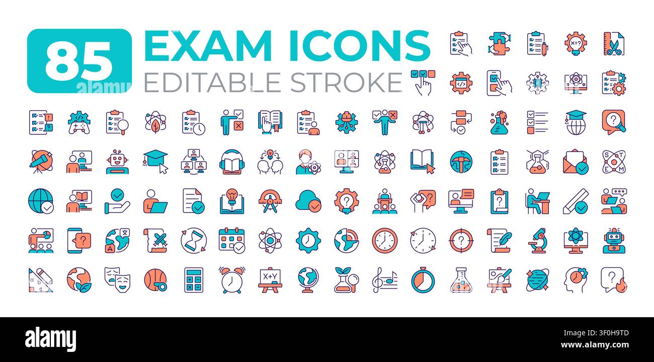 Exam colorful icons big set Stock Vector