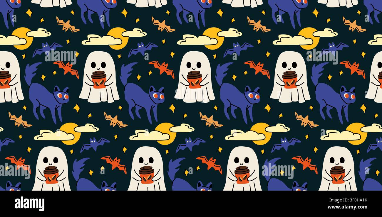 Cute ghost with coffee and spooky cats Halloween seamless pattern vector Stock Vector