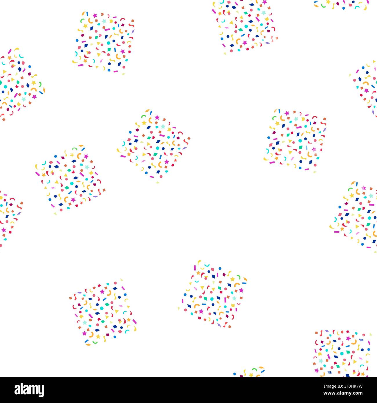 pattern Abstract festive background featuring a dynamic scattering of colorful geometric shapes including stars, circles, squares, hexagons, and ribbo Stock Vector