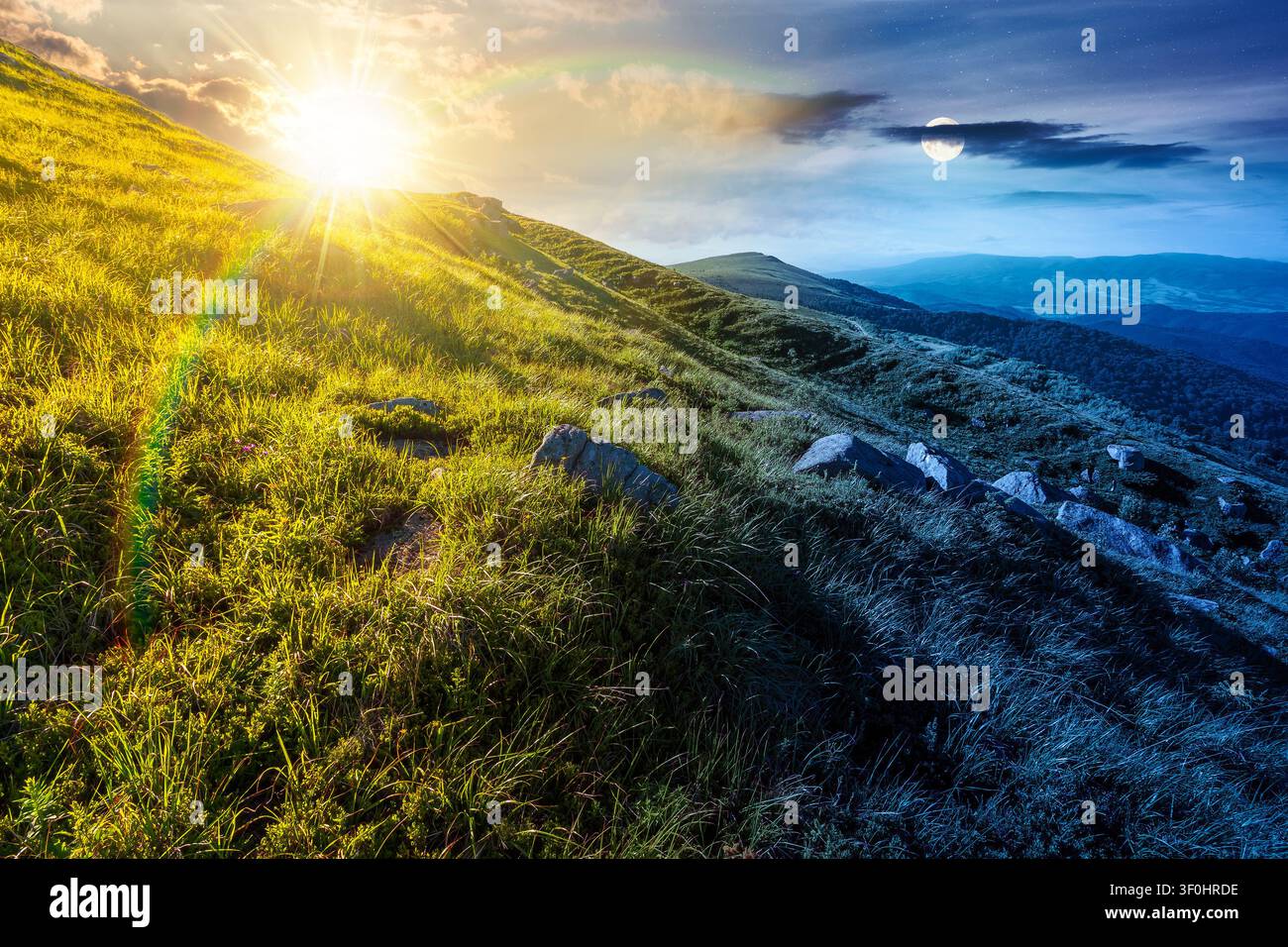 mountain landscape with grass and rock on a slope. day meet night. view in to the distant valley of carpathian mountains. sun and moon in harmony over Stock Photo