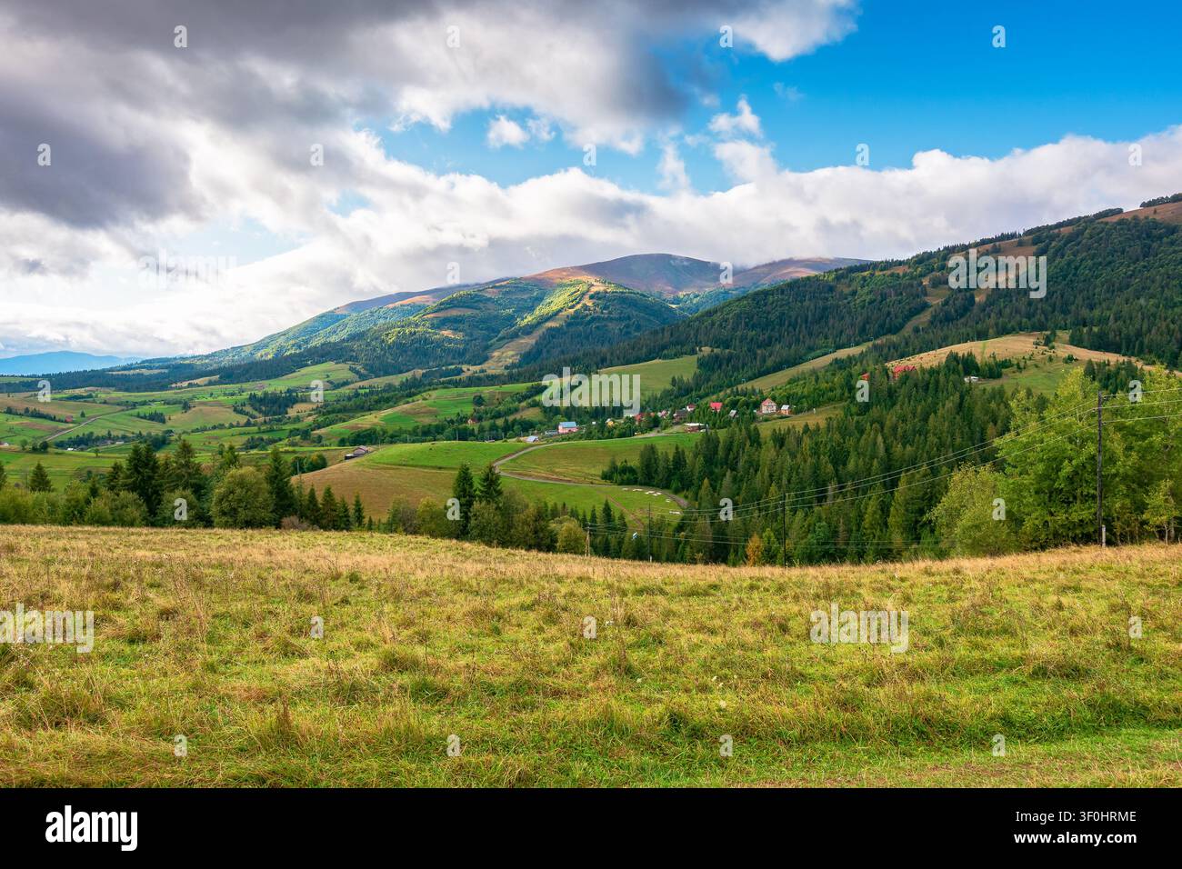 countryside meadow in mountain landscape of ukraine. lush grass fields at the foot of borzhava ridge. beautiful view of transcarpathian scenery in ear Stock Photo