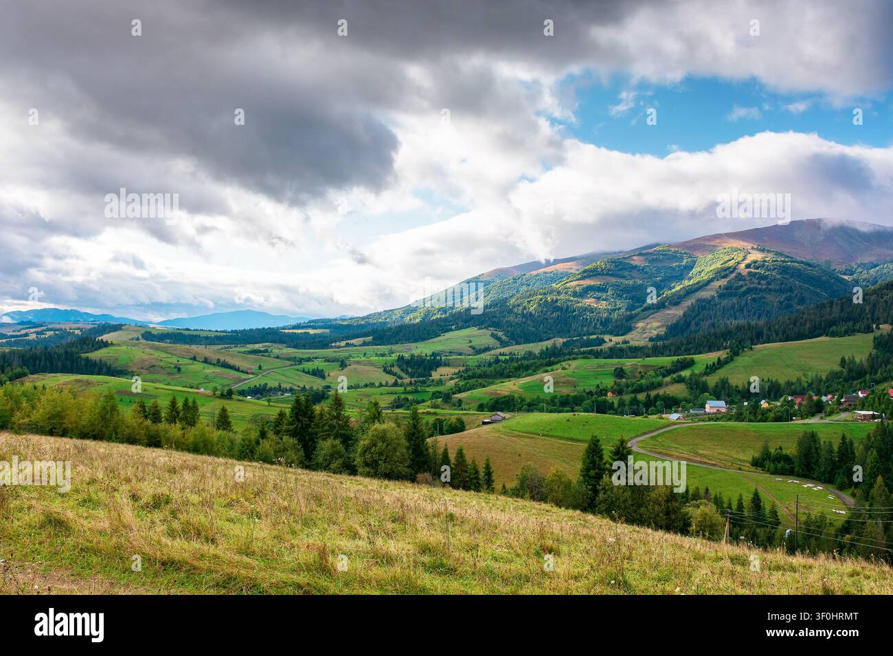 countryside meadow in mountain landscape of ukraine. lush grass fields at the foot of borzhava ridge. beautiful view of transcarpathian scenery in ear Stock Photo