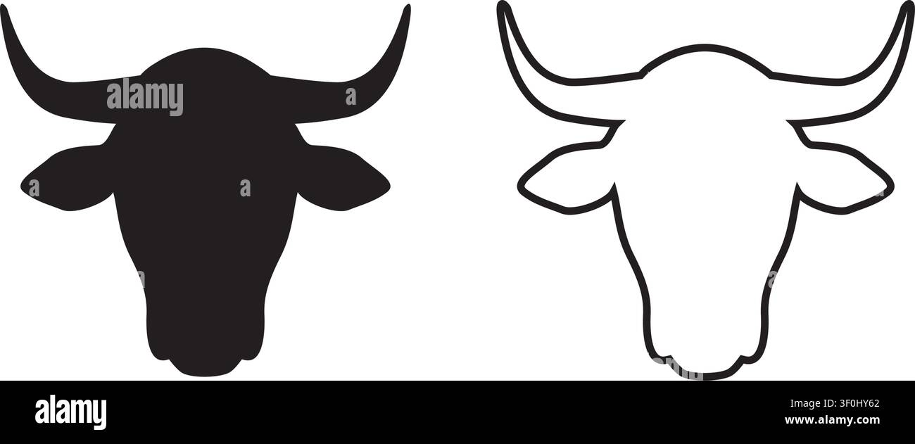 Black Bull Head Silhouette and Minimal Line Art Logo Icon Set Stock Vector
