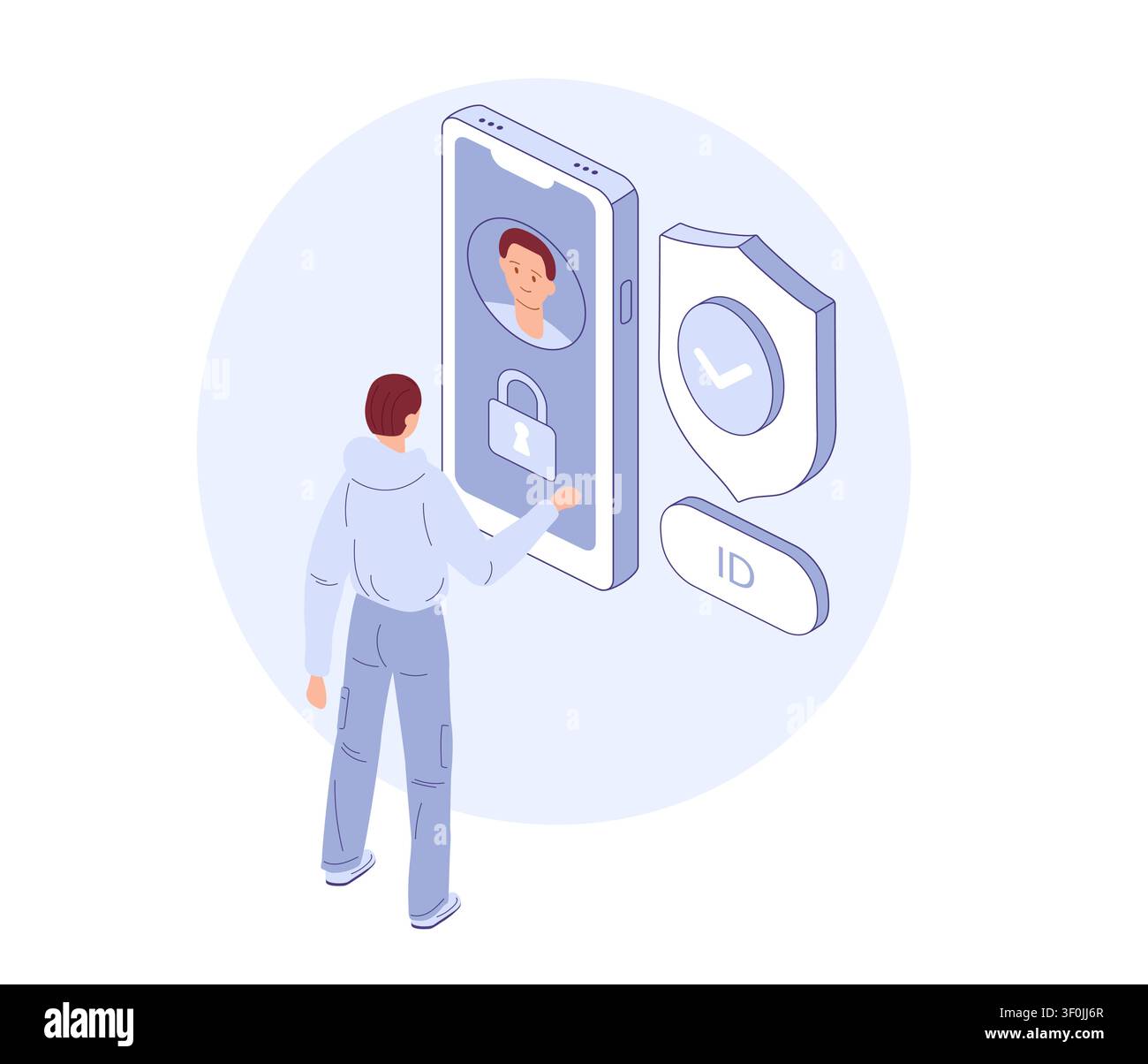 Internet security. Isometric phone and man. Protection concept. Great for cybersecurity banner, privacy poster, data safety flyer. Stock Vector
