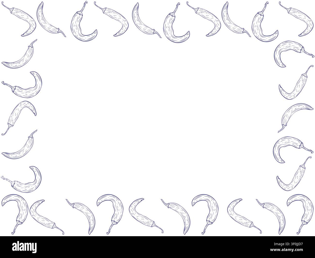 Hand drawn chili peppers forming an elegant rectangular frame. Botanical vegetable border with empty center Stock Vector