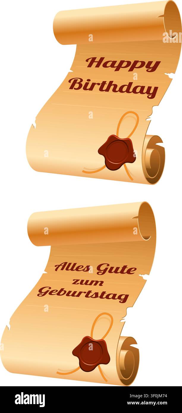 Old Scroll Paper with Sealing Wax and Happy Birthday, template for design Stock Vector