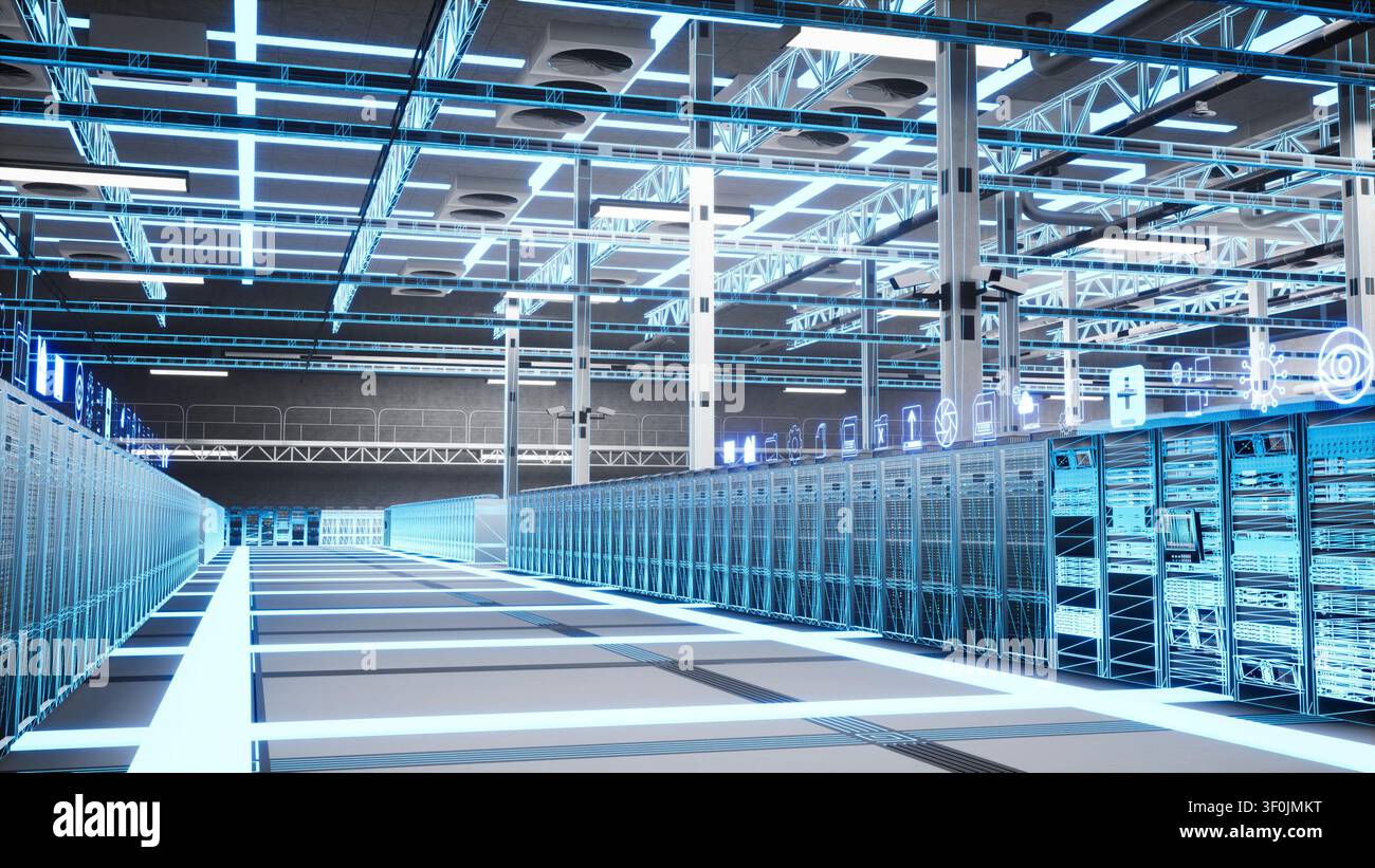 Blue wireframe 3D scan shows data processing equipment and supercomputers in a server room with VFX compositing for massive storage. Stock Photo