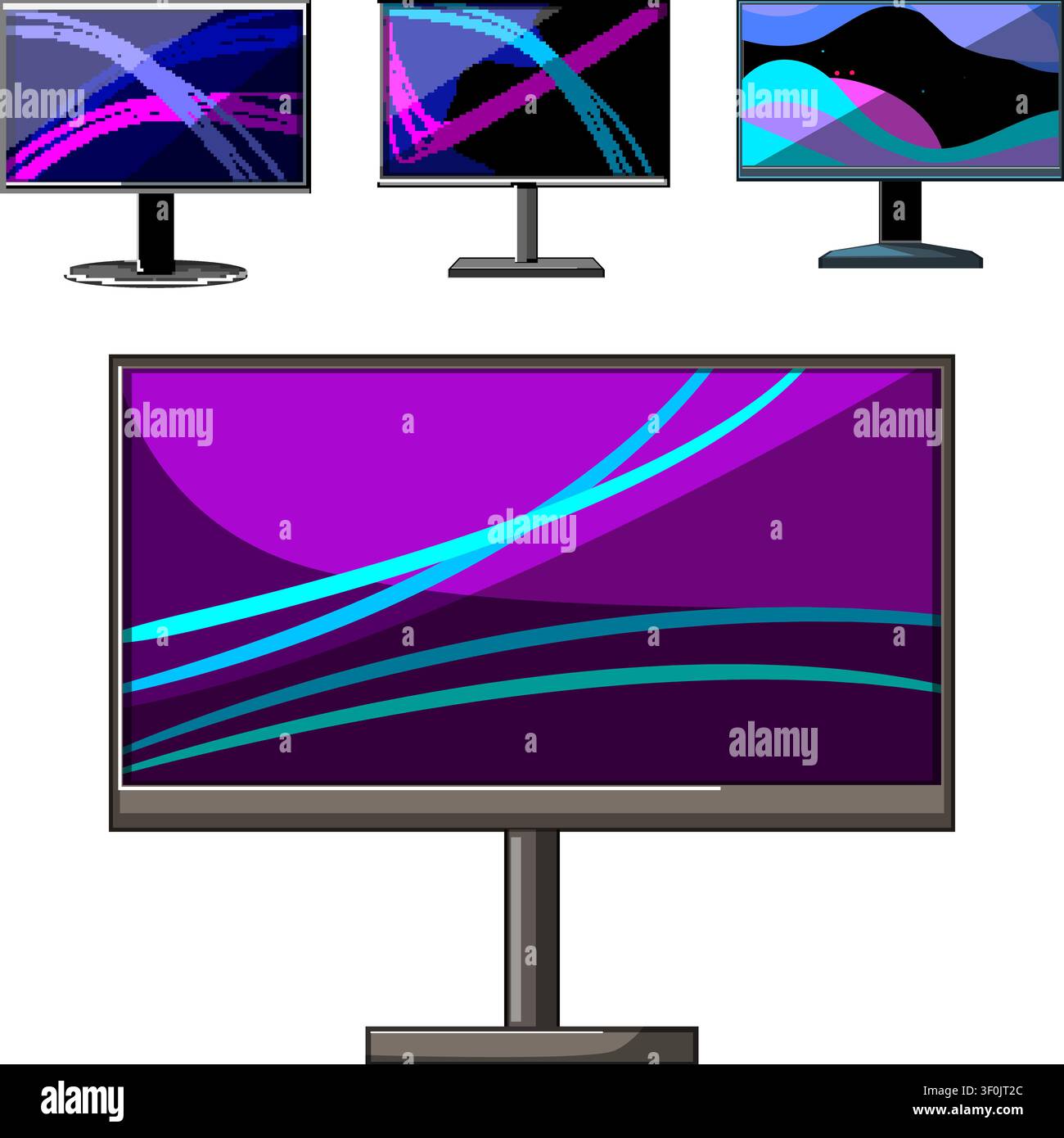 Various modern computer screens and desktop displays showcase vibrant abstract wallpapers, illustrating connectivity, technology, and digital design c Stock Vector