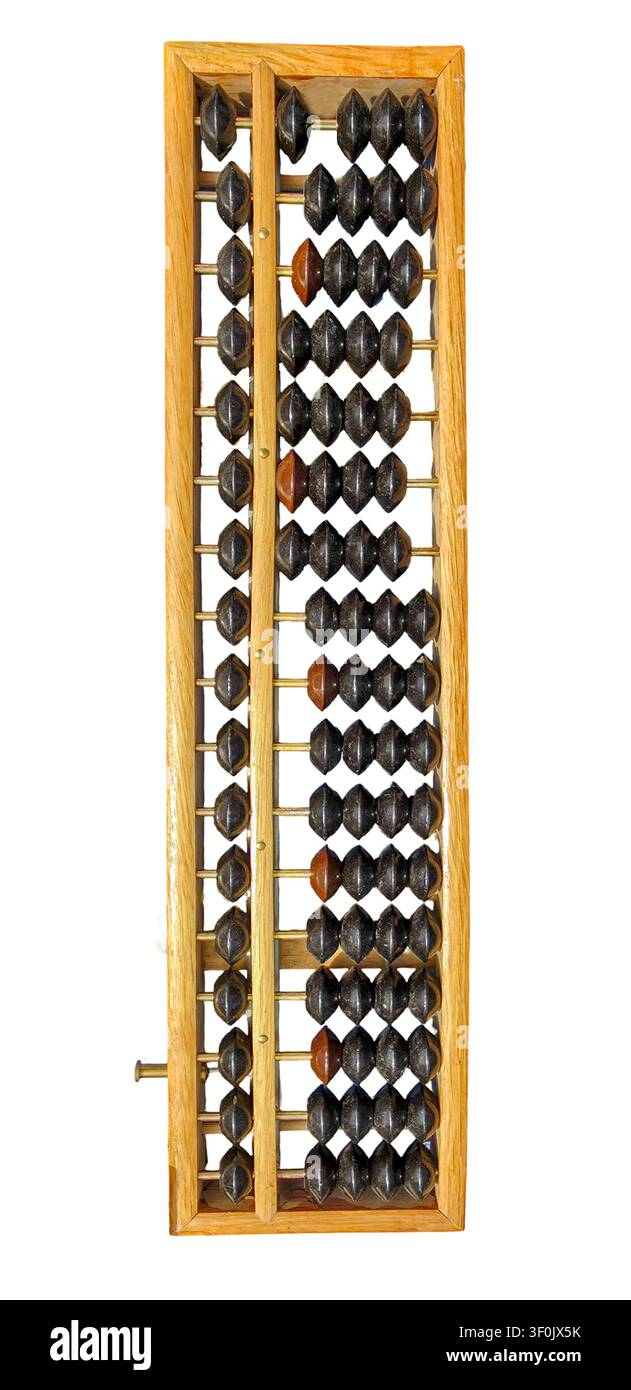Wooden abacus stands vertically with dark ovular beads on a light wood frame. It remains isolated against a clean white background, showcasing its des Stock Photo