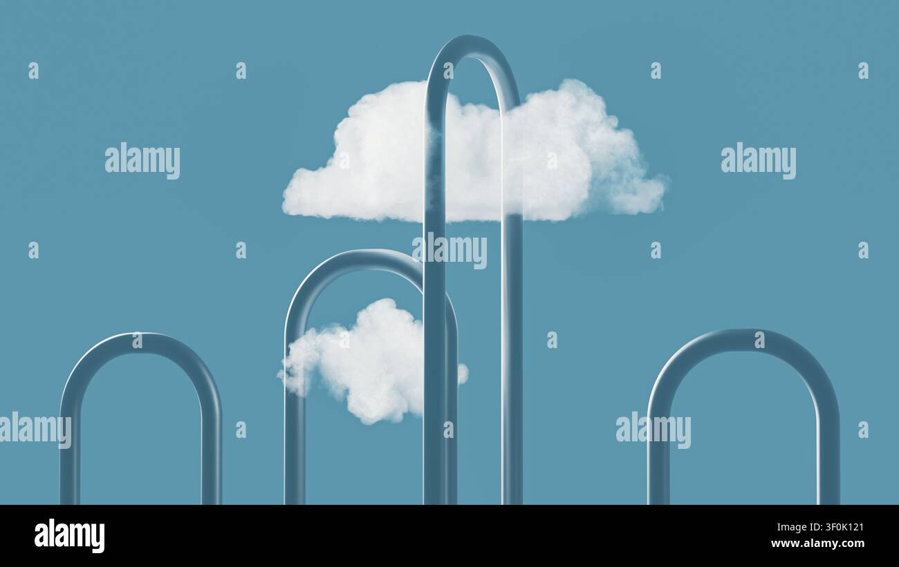 Two clouds float above curved lines representing technology. The clouds symbolize data flowing through a network in a digital landscape. Stock Photo