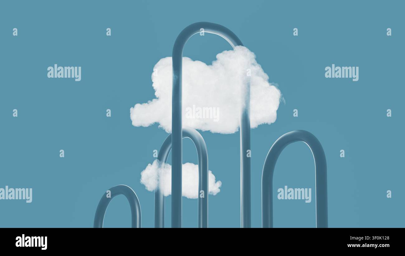 Two clouds float above curved lines representing technology. The clouds symbolize data flowing through a network in a digital landscape. Stock Photo