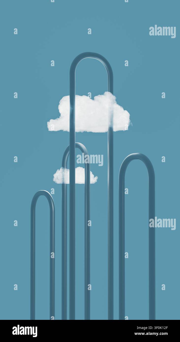 Two clouds float above curved lines representing technology. The clouds symbolize data flowing through a network in a digital landscape. Stock Photo
