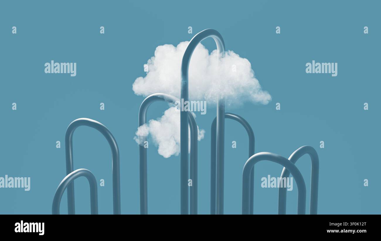 Two clouds float above curved lines representing technology. The clouds symbolize data flowing through a network in a digital landscape. Stock Photo