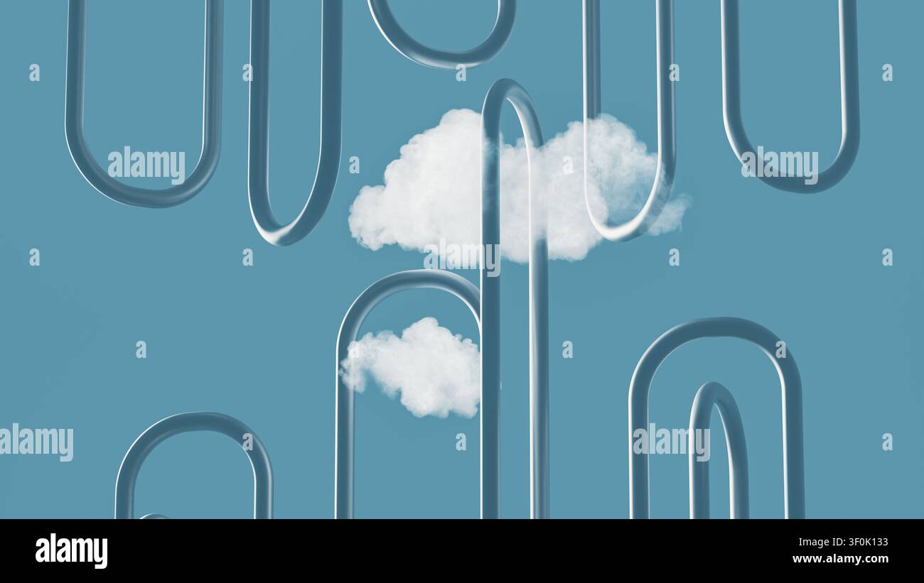 Two clouds float above curved lines representing technology. The clouds symbolize data flowing through a network in a digital landscape. Stock Photo