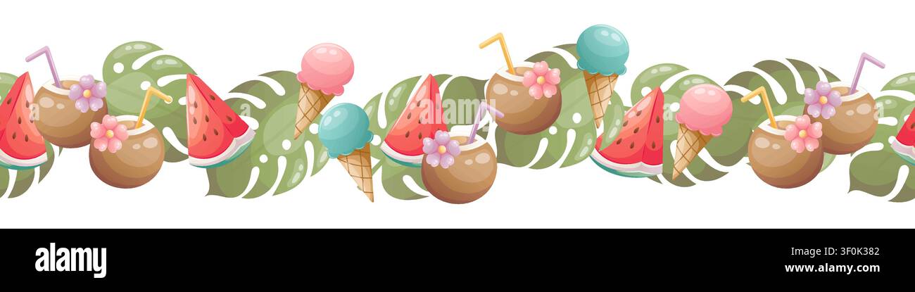 Vector seamless border featuring fruit and drinks Stock Vector