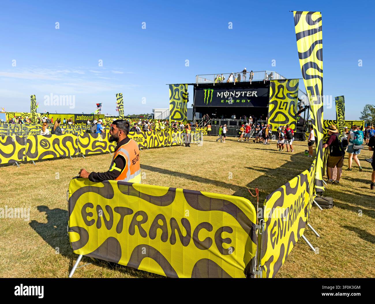 Entrance to the Monster Energy merchandise and fan area during the 2026 Formula 1 British Grand Prix at Silverstone Circuit Stock Photo