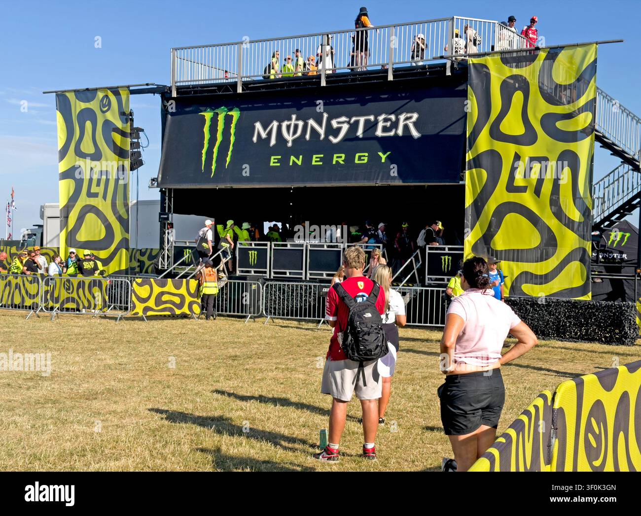 Monster Energy drink promotion fan activation at the 2026 British Grand Prix, amid Lando Norris and McLaren supporter mania at Silverstone circuit Stock Photo