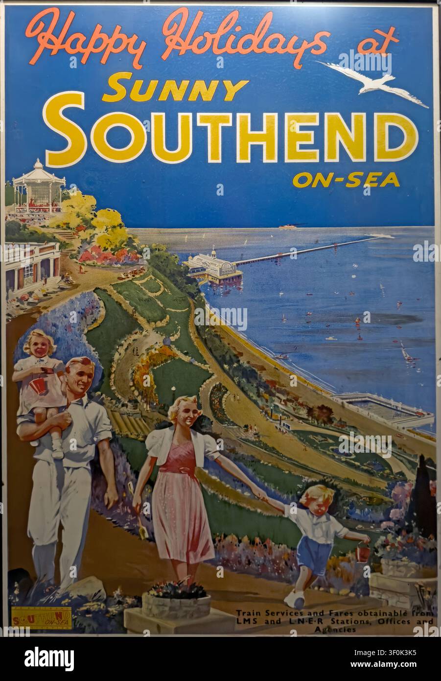 Vintage LMS and LNER railway poster promoting family holidays at sunny Southend-on-Sea, Essex, with Cliff Gardens and the pier. Stock Photo