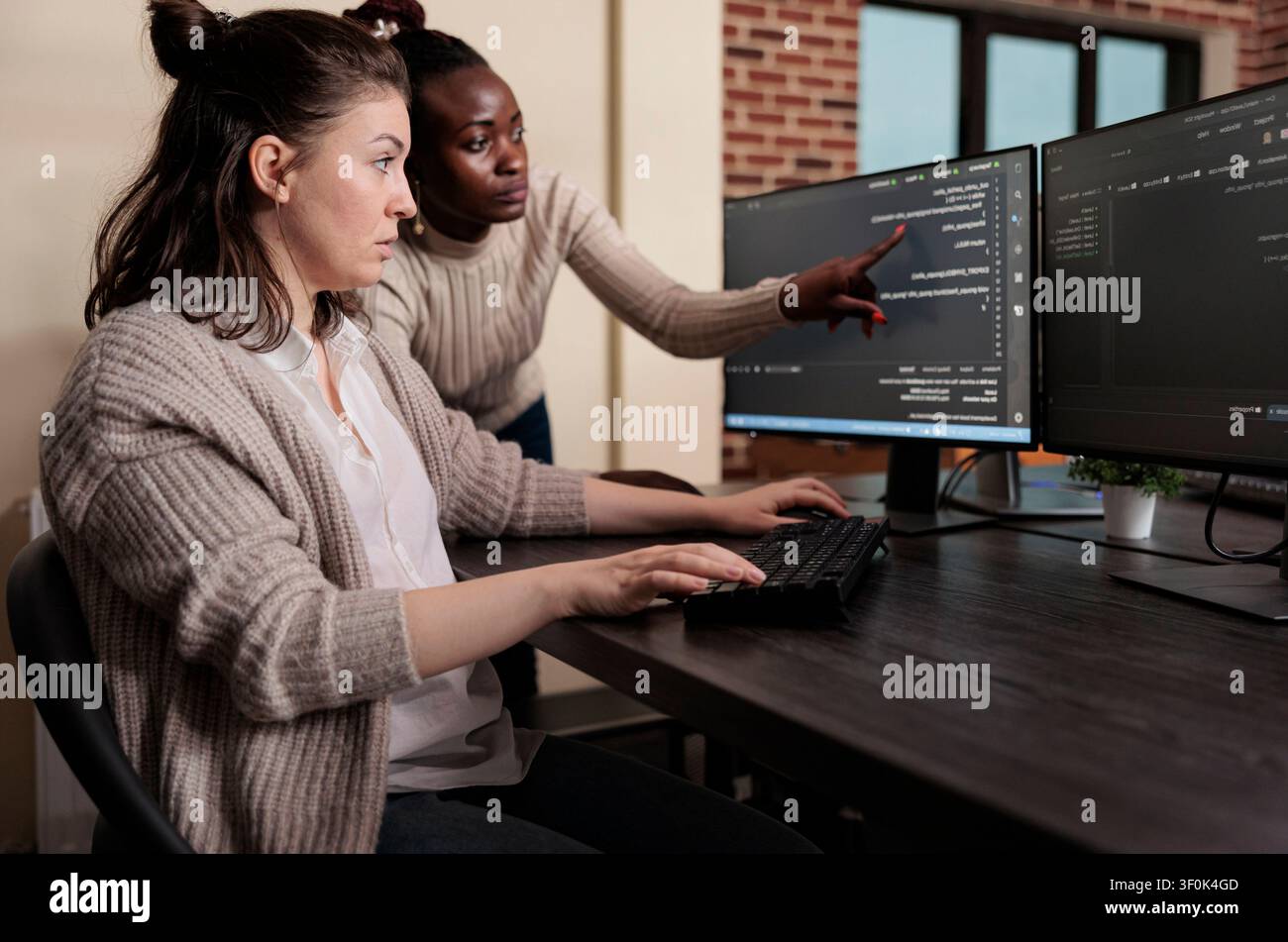 Blockchain engineer identifying network security code mistake Cybernetics developers engineering system updates and processing data blocks uploaded by artificial intelligence. Stock Photo