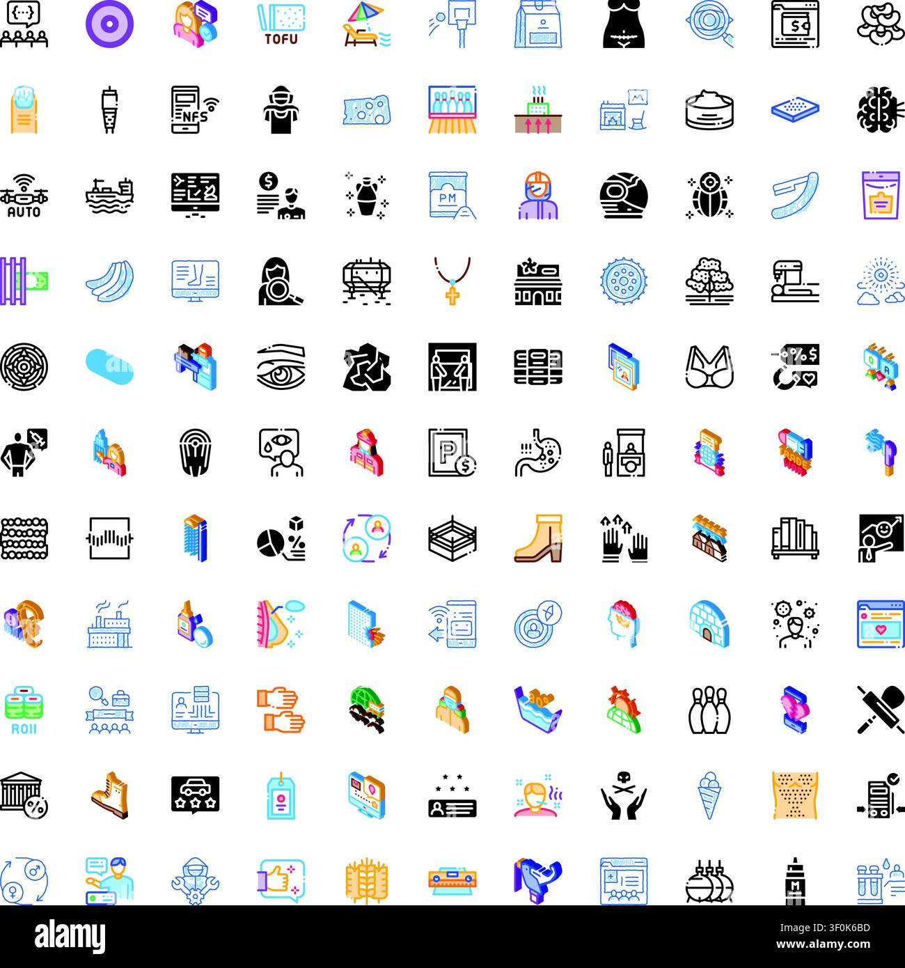 Large grid displaying a wide variety of flat, outline, and isometric vector icons, covering miscellaneous themes and concepts for design and interface Stock Vector