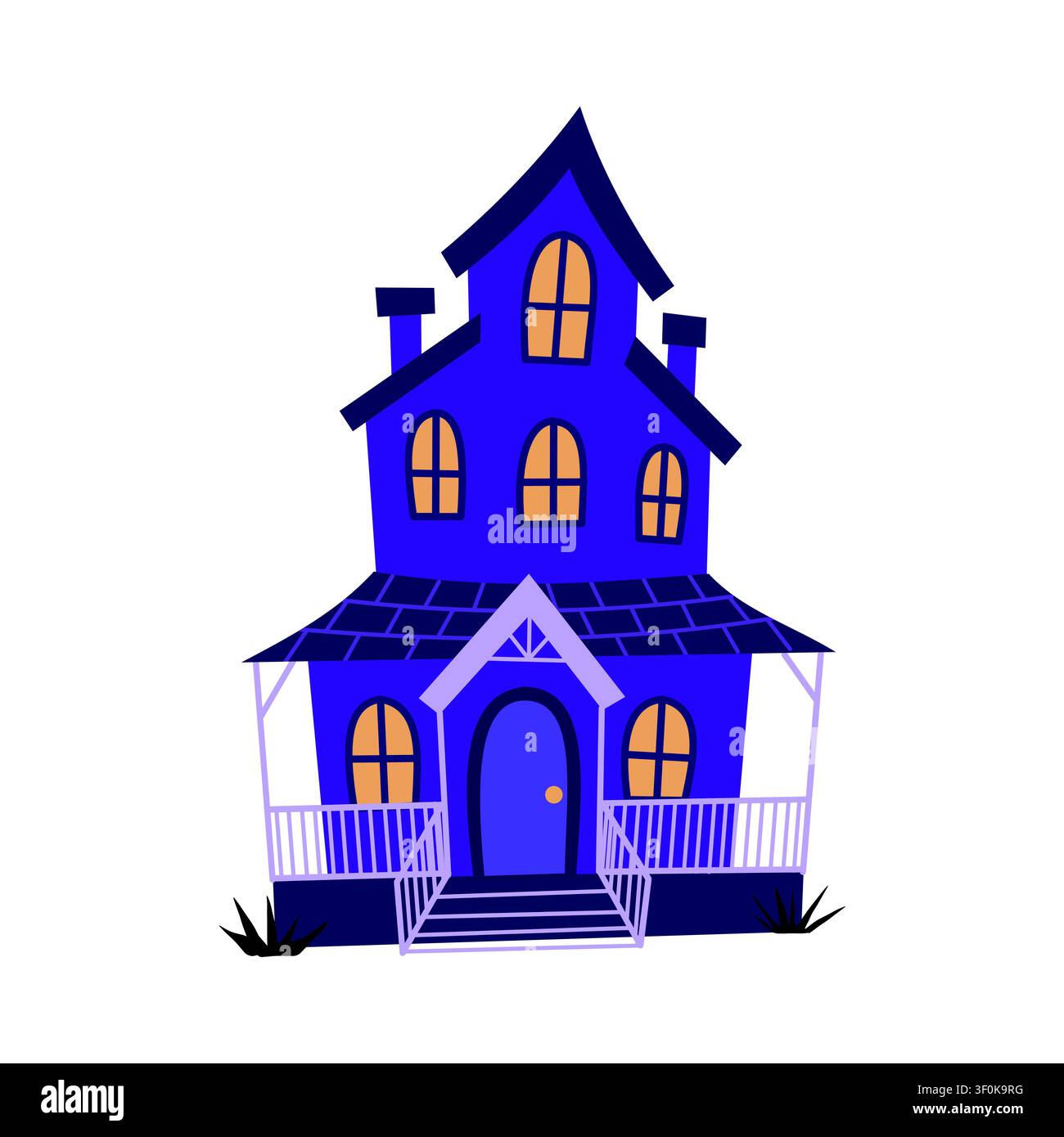 Spooky halloween haunted house isolated on white background, cute cartoon purple witch mansion vector illustration for holiday design Stock Vector