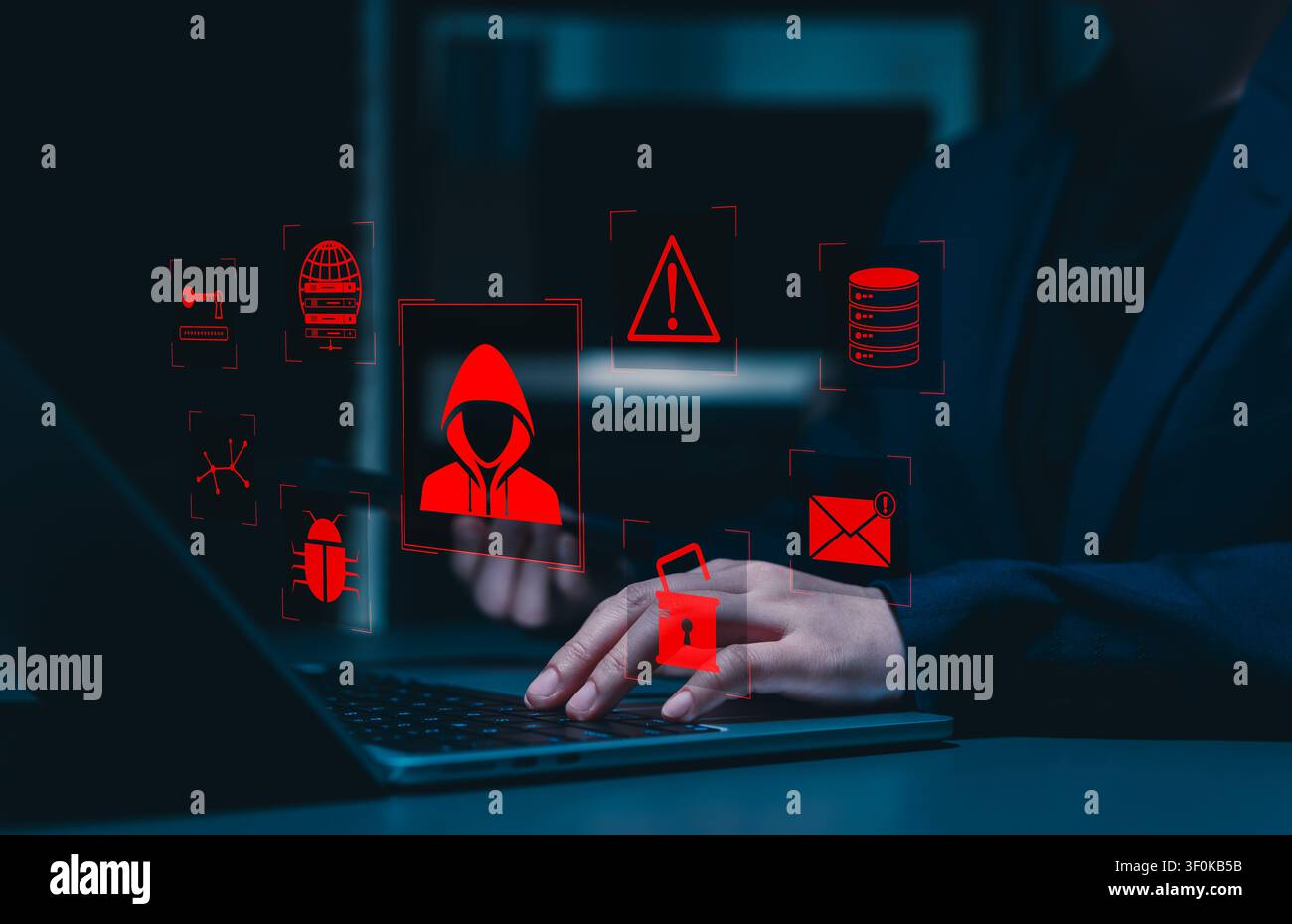 Cybersecurity hacker threat concept. hacker icon, malware attack warning, security alert, unlocked padlock, server breach, unauthorized access, Stock Photo