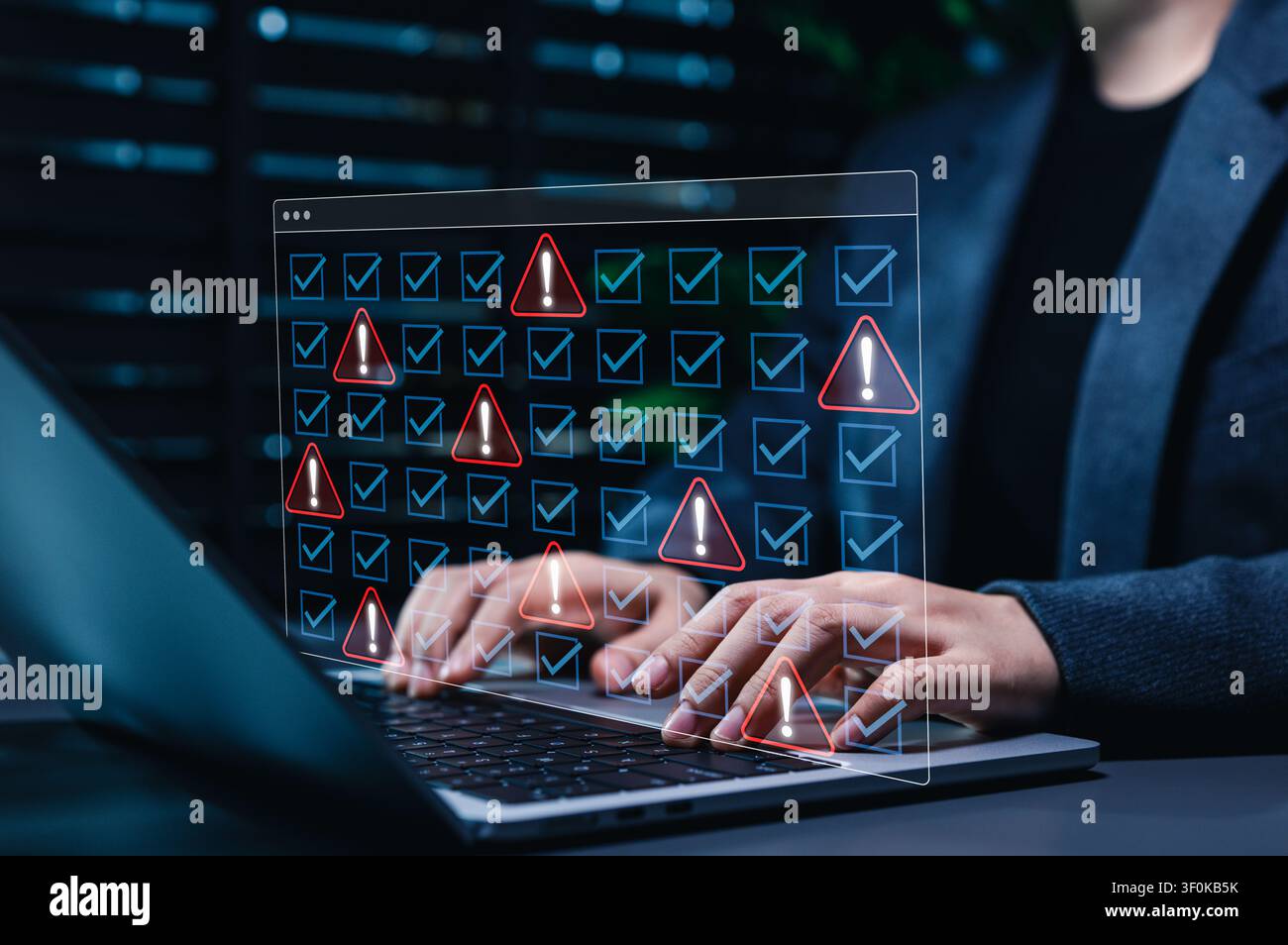 Data audit error, cybersecurity vulnerability detection system interface with checklist warning, showing risk assessment, security inspection, Stock Photo