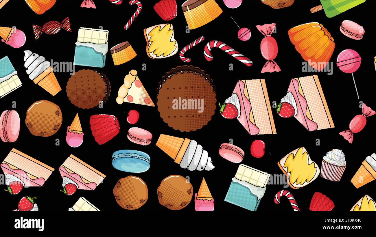 Vibrant vector illustration of assorted candies, cakes, and ice cream on black background. Stock Vector