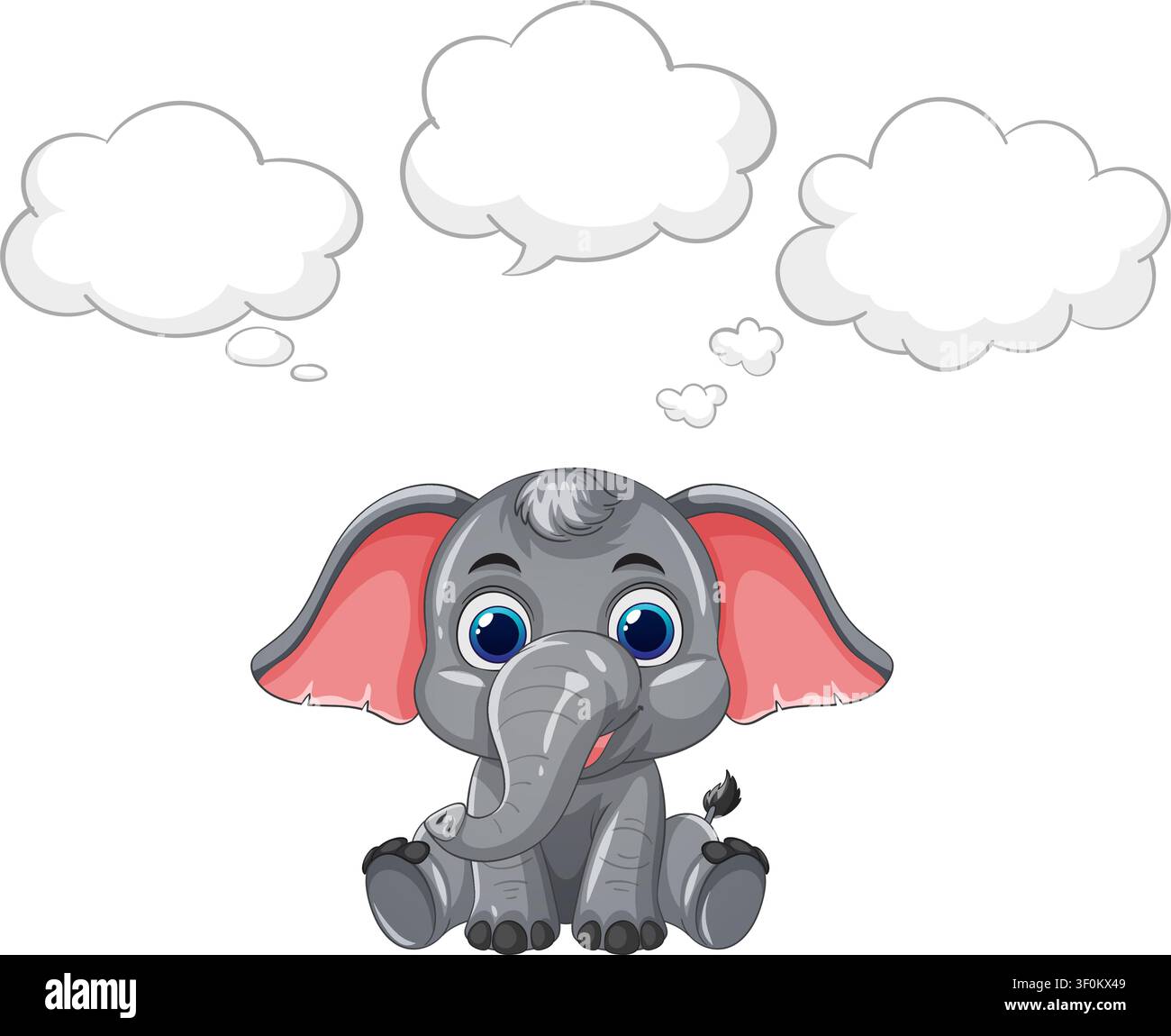 Cute grey elephant sitting under three empty speech bubbles on a white background. Stock Vector