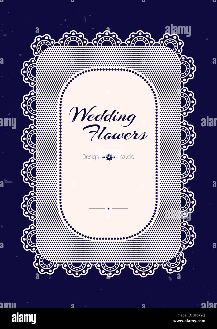 Vertical blue wedding lace border frame. Stock Vector