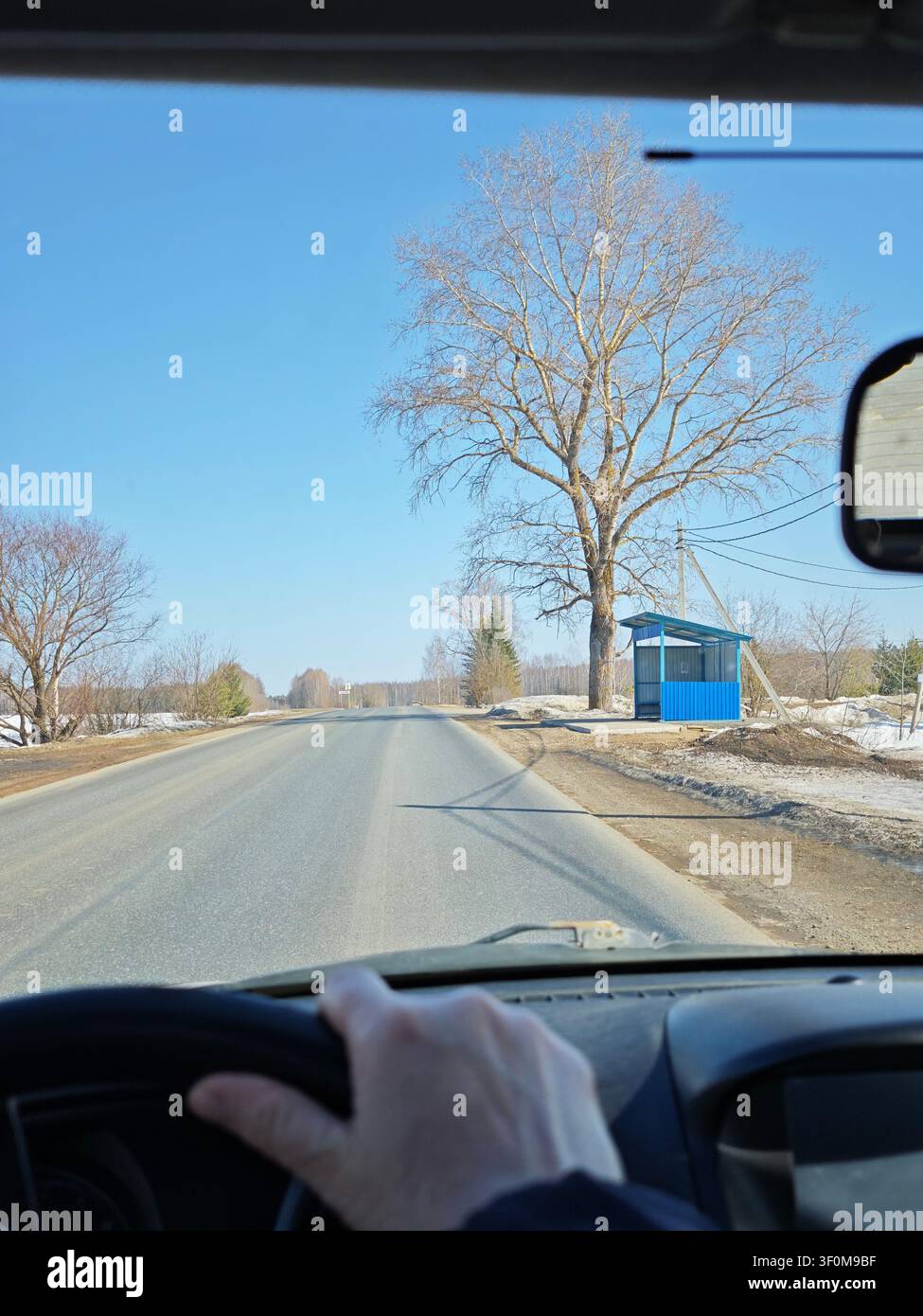 Driving along a road in spring, sunlight shines through the car window as trees and a bus stop pass by on the side. Stock Photo