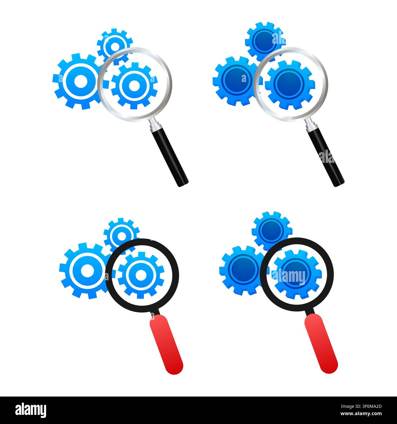Magnifying glass analyzing gears for system optimization settings Stock Vector