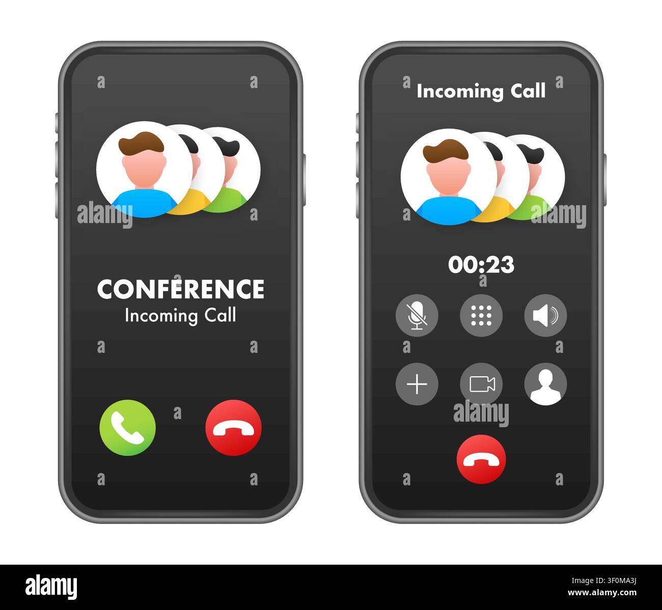 Smartphone displaying conference incoming call and active call screen Stock Vector
