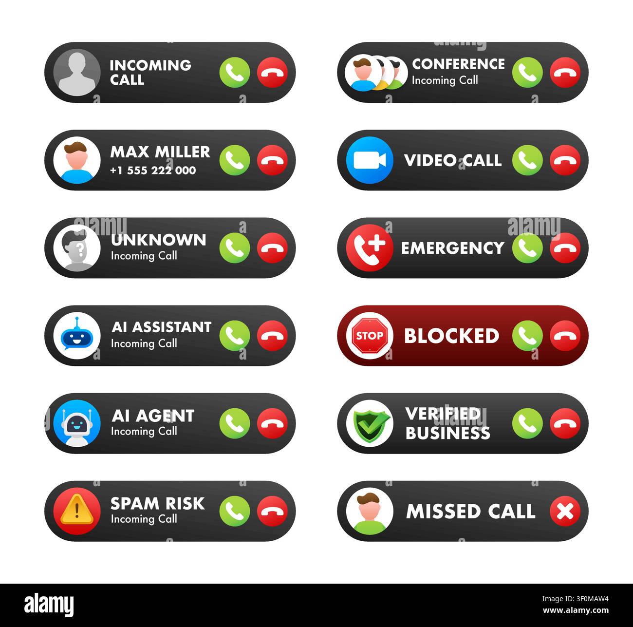 Digital communication incoming call notification user interface set Stock Vector