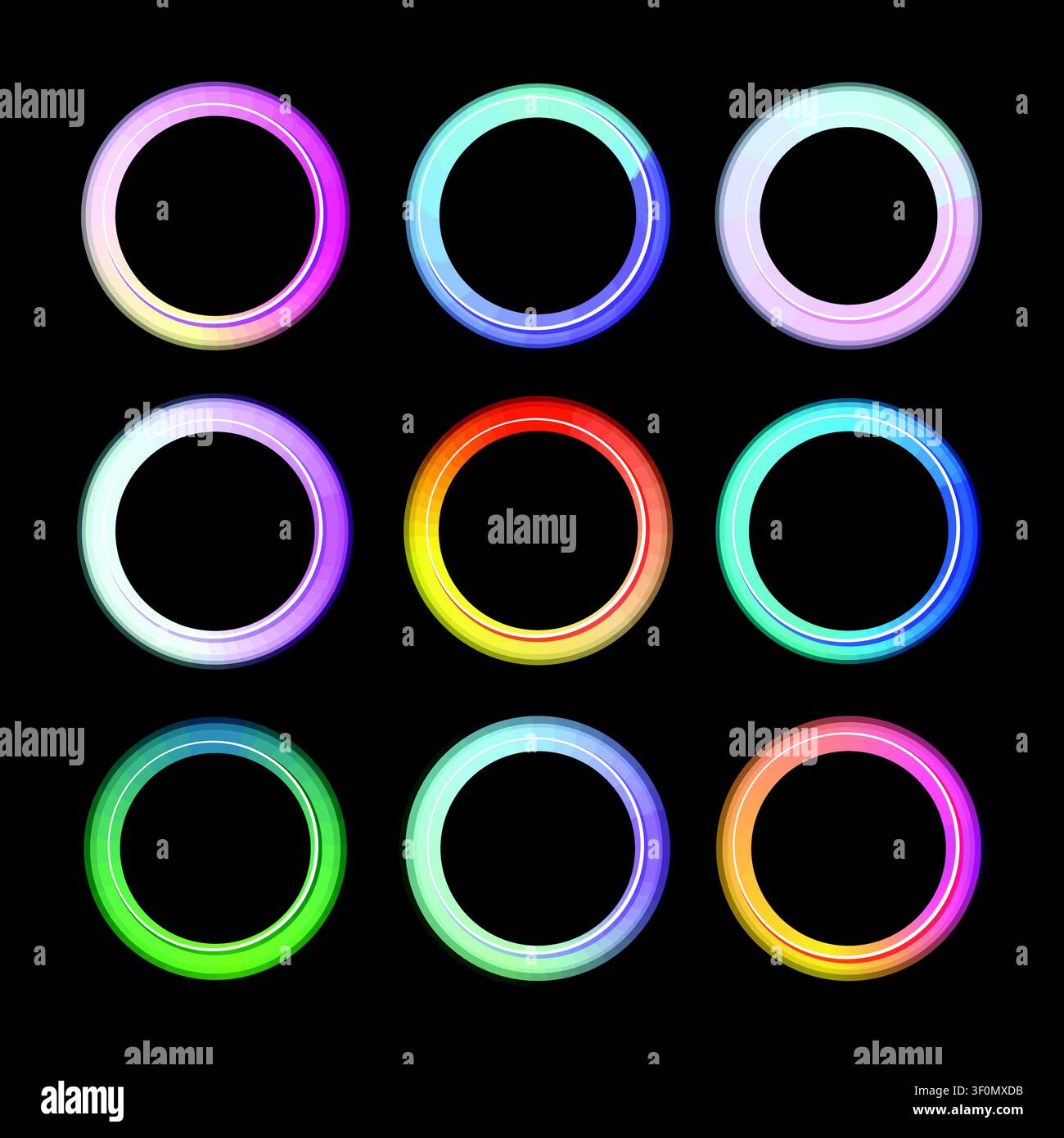 Nine multicolored glowing circle frames on black background Stock Vector